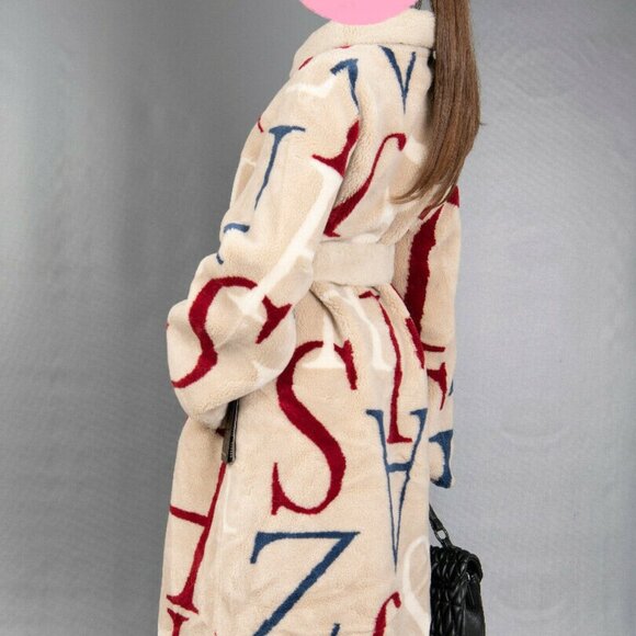 New Unbranded Cocoon Wool Teddy Bear Coat Beige Belted Alphabet Print No Alpaca - Picture 4 of 13